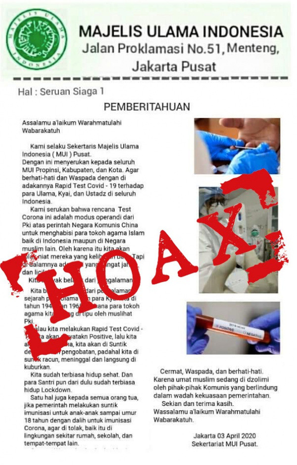 [Hoax] Surat Rapid Test kepada Ulama Modus Operandi PKI